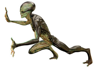 3D Rendering Green Alien on White