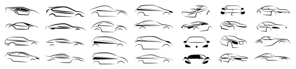 Sports car logo icon set silhouette emblems. Vector illustrations. - obrazy, fototapety, plakaty