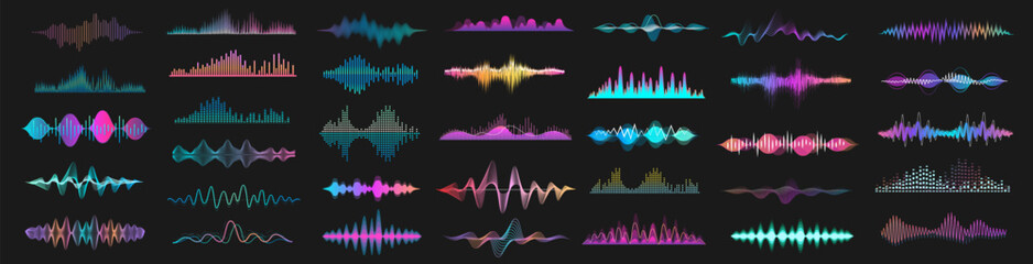 Set of waving, sound, vibration and pulsing lines. Graphic design elements for music app.Vector illustration. - obrazy, fototapety, plakaty