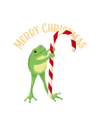 Illustration of a frog holding a Christmas candy cane