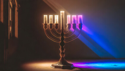 Jewish holiday Hanukkah background with menorah and candles in the dark.