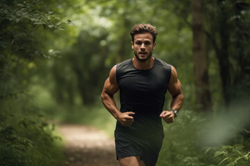 Fitness, man and running in nature for healthy exercise, training and workout in the outdoors, Active, athletic male runner in sports taking a jog in the forest or park for health and cardio wellness