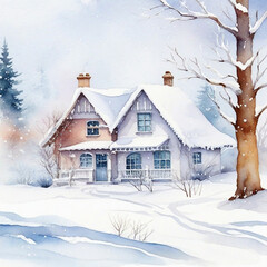 Fototapeta premium Watercolor Winter Season And Watercolor Winter House Background