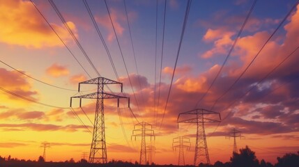 Fototapeta premium High voltage towers at sunset background. Power lines against the sky
