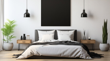 Mokeup di un quadro in una bellissima camera da letto con toni grigio scuri e atmosfera elegante e minimalista - obrazy, fototapety, plakaty