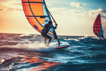 Group of people doing kitesurfing and windsurfing on sea