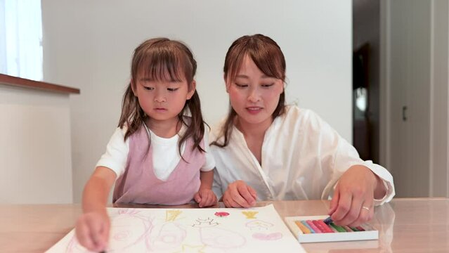 子どもに絵の描き方を教えるお母さん