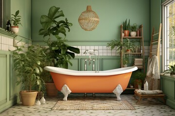 3D retro boho green bathroom with white tiles, orange vintage bathtub, chandelier, plants, and farmhouse flooring. Generative AI - obrazy, fototapety, plakaty