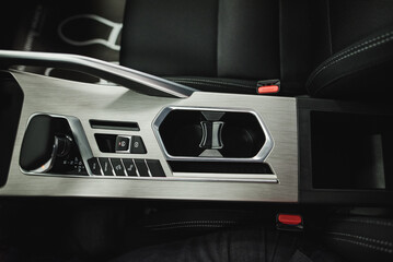 Detail of modern car interior, automatic transmission in expensive car