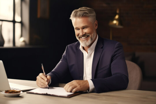 Handsome smiling middle aged businessman using laptop and writing in notepad