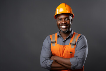 Happy African Builder Workman Standing Pleased Crossing Hands Posing On Gray Studio Background, Copy Space, Industrial engineer