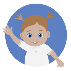 Baby girl avatar. Fair hair, blue eyes Girl is looking from the window, circle. Vector flat illustration. Cartoon people design. Suitable for animation, using in web, apps, books, education projects, 