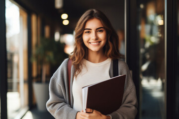 Happy female student looking at the camera smiling and holding a notebook - education concepts - obrazy, fototapety, plakaty