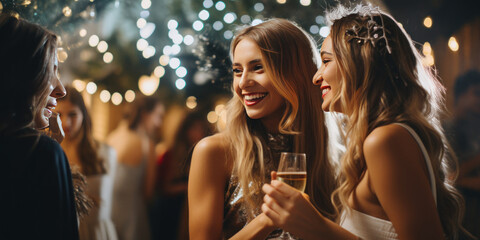 Two joyful women in dresses embrace at a lively party.