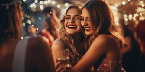 Obraz na płótnie Canvas Two joyful women in dresses embrace at a lively party.