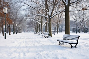 a snowy city park with empty benches