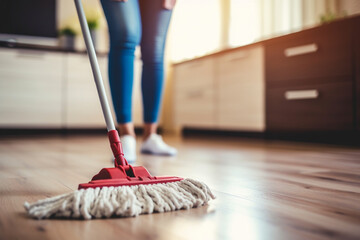 Housekeeping, cleaning and woman maid with a mop to clean the living room floor at a house, Female domestic worker, cleaner and housewife washing the ground for bacteria, dust or dirt in her home - obrazy, fototapety, plakaty