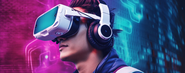 Horizontal banner or header with portrait of bored young asian man using 3d viewer with headphones outdoor - technology and video game addicted or futuristic concept