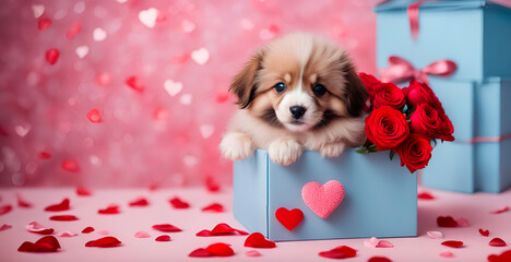 Fluffy cute puppy in a gift box. Greeting card for Valentine's Day, Birthday