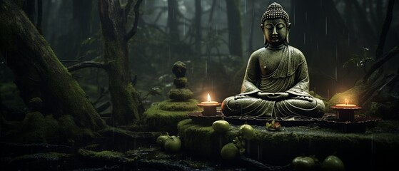 Peaceful Night: Illuminated Buddha Statue in the Enchanting Rainforest