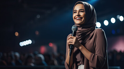 Fototapeta na wymiar a smiling woman holding a microphone while speaking at an event