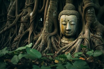 Ancient Buddha Statue Beneath a Majestic Tree