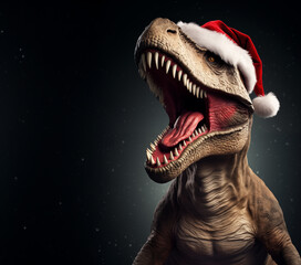 Scary t-rex dinosaur wearing Santa hat roaring, isolated on dark background