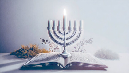 Open Holy Bible and Menorah with seven lighted candles.