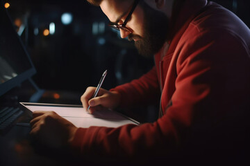 male designer using stylus to draw sketch on tablet while working on design project in dark office at night