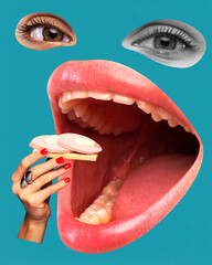 Fast breakfast. Woman with giant open mouth eating sandwich with sausage over blue background....
