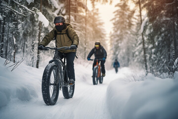 Man and woman riding their fat bikes on snowy forest trai - obrazy, fototapety, plakaty