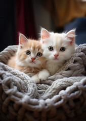 Obraz premium cute fluffy long-haired cats on a knitted blanket in a wicker basket, kittens, pets, domestic, postcard, wallpaper, animal, care, eyes, whiskers, wool, comfort, home, portrait, feline