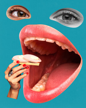 Fast breakfast. Woman with giant open mouth eating sandwich with sausage over blue background. Contemporary art collage. Concept of food, taste, surrealism, creativity. Pop art style. Poster, ad