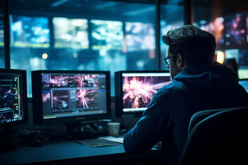 Man working in surveillance room and looking at monitors - obrazy, fototapety, plakaty