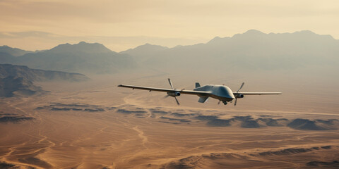 Fototapeta na wymiar A military drone surveils a vast, barren desert.