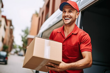 Mid adult courier in uniform carrying cardboard box, looking up, Smiling delivery man unloading truck, Portrait of Shipment service, postal worker holding customer order - obrazy, fototapety, plakaty