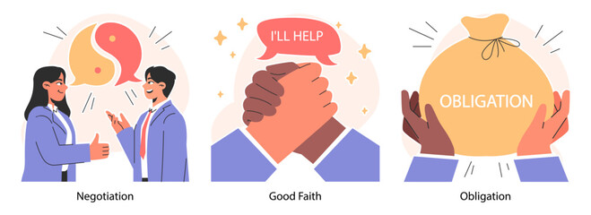 Business deal or agreement set. Signing a contract or successful negotiation. Business partners interests and obligations. Paper terms and conditions. Flat vector illustration