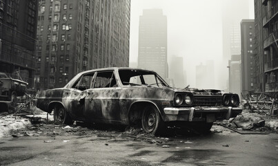 Abandoned, wrecked car in a city.