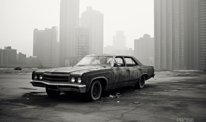 Abandoned, wrecked car in a city.