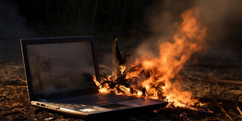 Laptop fiercely burning and smoking.