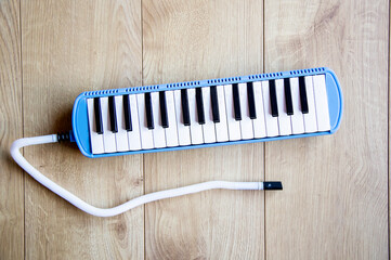 blue white melodica or pianica blow organ musical instrument for children top view on wooden...