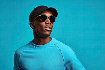 Stylish young African American man wearing sunglasses exuding confidence and happiness in a blue illuminated studio.