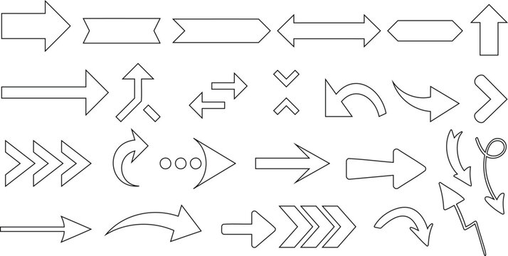 arrow icons vector illustration, showcasing diverse arrow designs. Ideal for web design, graphic design. Features straight, curved, dotted, solid arrows in various shapes