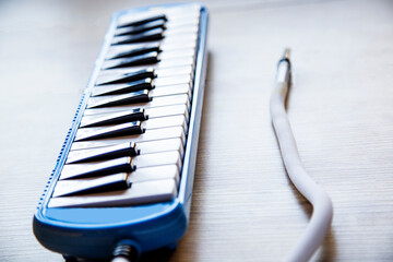 blue white melodica or pianica blow organ musical instrument for children on a  wooden background. Selective focus. - obrazy, fototapety, plakaty