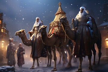 camels in the desert with the three wise men - obrazy, fototapety, plakaty
