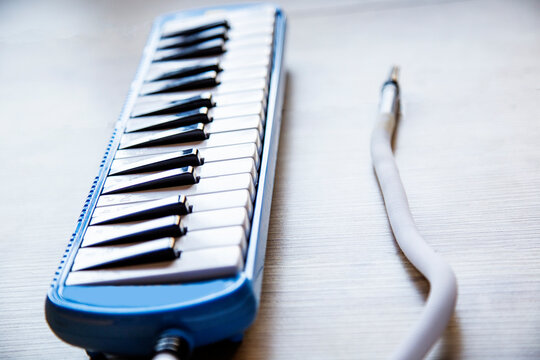 blue white melodica or pianica blow organ musical instrument for children on a  wooden background. Selective focus.