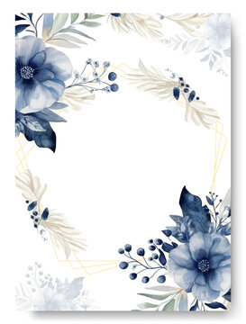 Floral wedding invitation card template design, blue anemone flowers with leaves on white, pastel vintage theme