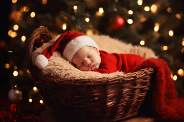 Christmas newborn photo shoot. Newborns, covered with a red blanket, sleep near the Christmas tree and garlands
