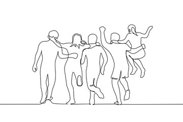 Fototapeta na wymiar group of people hugging runs and someone jumps - one line art vector. concept silhouette of young friends hugging and rejoicing
