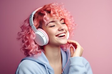 A young woman in pink headphones, stylish and beautiful, enjoys fashionable and modern music.